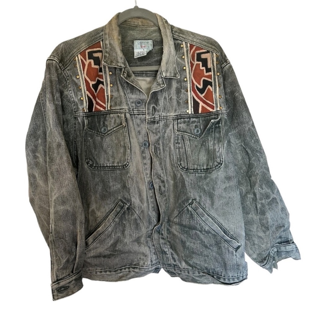 Vintage Calvin Klein Sport Denim  Tribel Distressed Jacket Size Medium